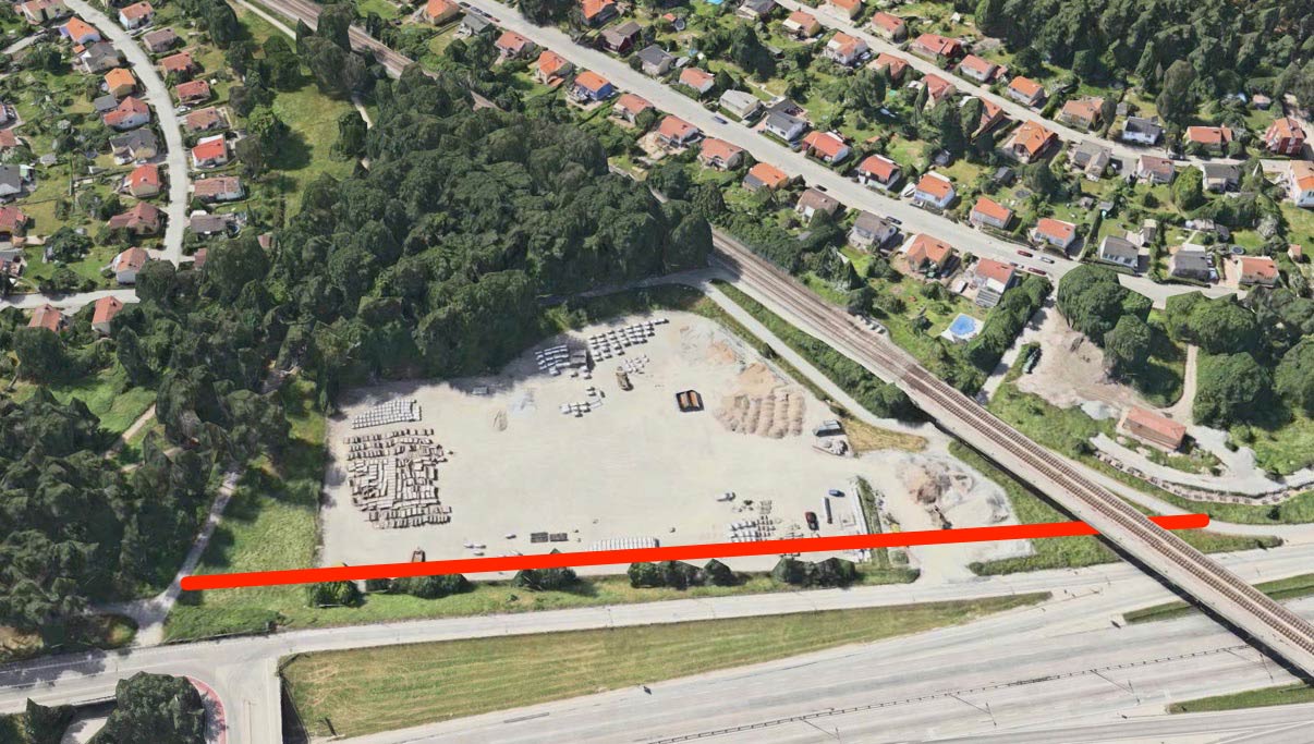Cykelvägen kan istället dras längs med Nynäsvägens ramp. Rakt och fint. Och billigt.